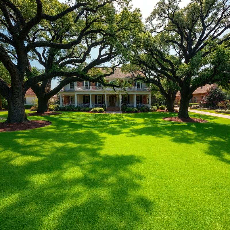 Manicured estate lawn with oak trees