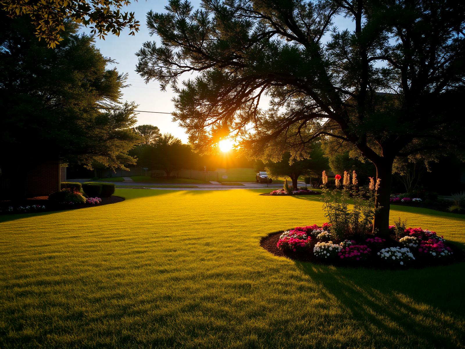 Lush Texas residential lawn at golden hour